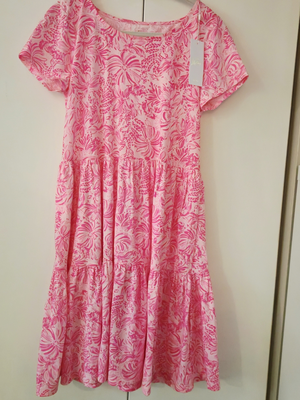 Lilly Pulitzer Pink Floral Tiered Dress with Short Sleeves